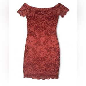 Ambiance Off-Shoulder Lace Mini Dress in Rust